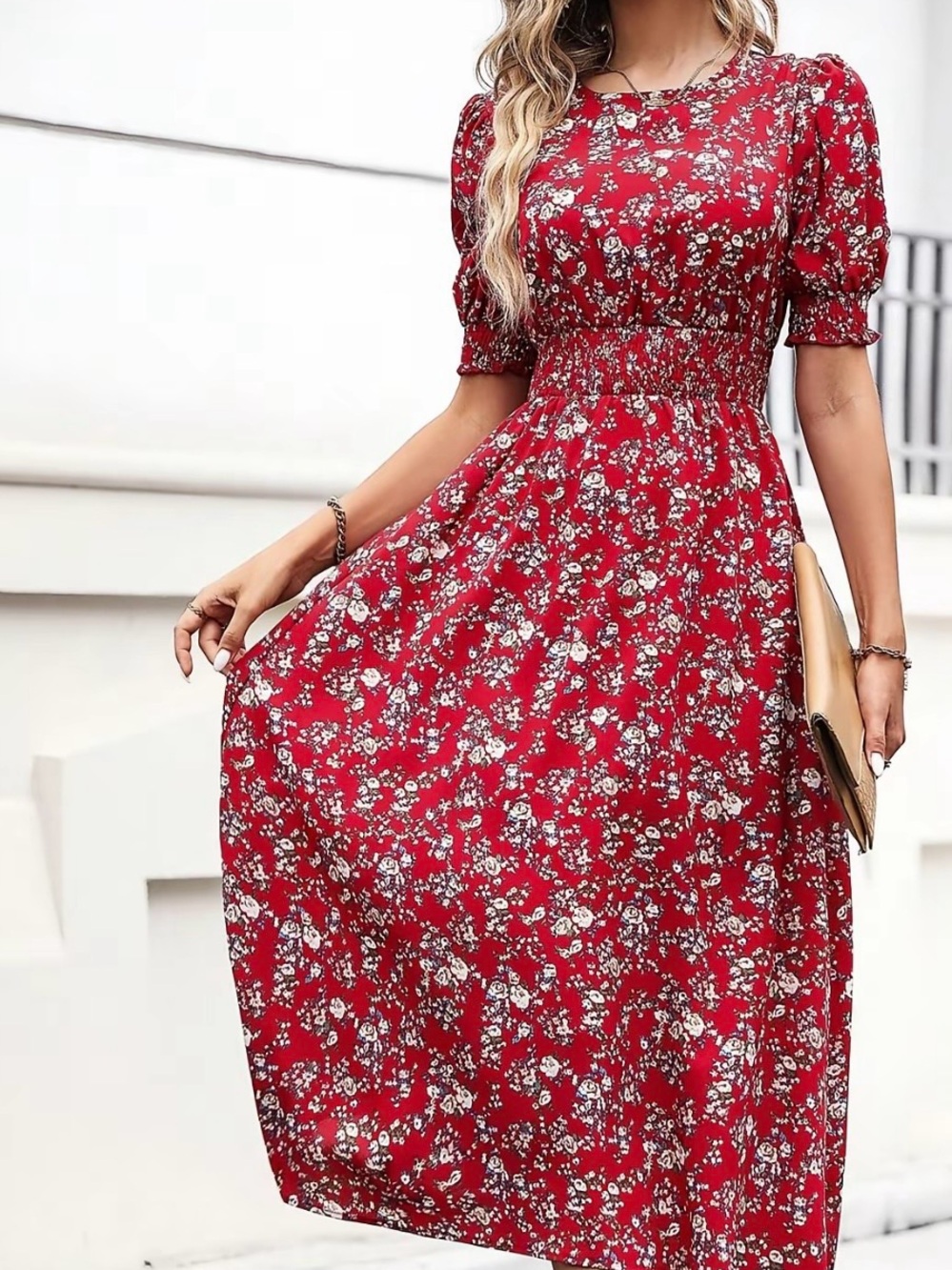 Red Floral Smocked Midi Dress - Women - Picture 2 of 6